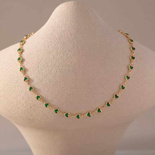 Colorful Necklace for Women,14K Gold Plated Chain With Crystal Necklace Womens Statement Cute Trendy Surfer Beach Choker Necklaces Gifts - color: Green Heart
