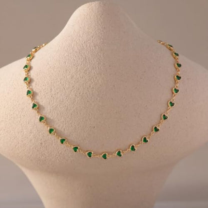 Colorful Necklace for Women,14K Gold Plated Chain With Crystal Necklace Womens Statement Cute Trendy Surfer Beach Choker Necklaces Gifts - color: Green Heart