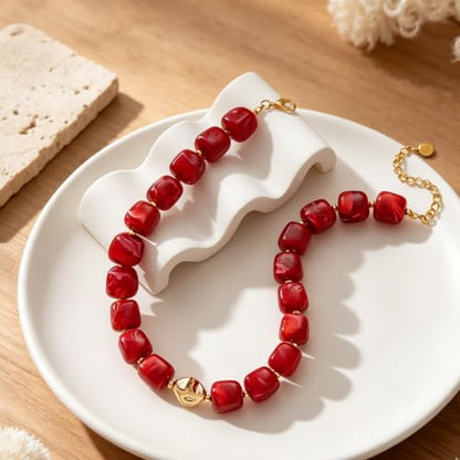 Chunky Beaded Necklace for Women,Square Resin beads boho Choker Necklace with gold-tone spacers,Fashion Trendy Summer Beach Party Necklaces Handmade Surfer Beach Necklaces Jewelry Gifts - color: Red