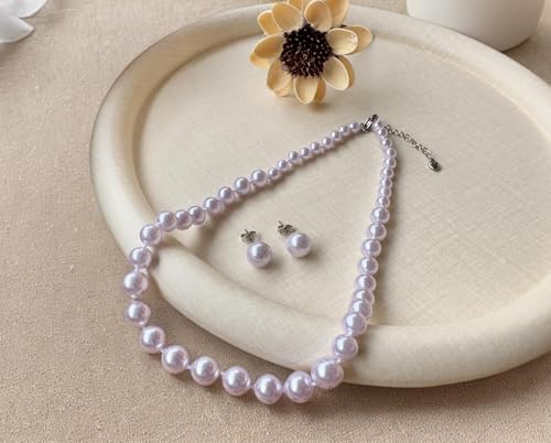 Pearl Necklace and Earring Set for Women Costume Jewelry Set | Elegant Outfit Matching, Wedding Bridesmaid Prom Gifts - style: Purple 16 inches