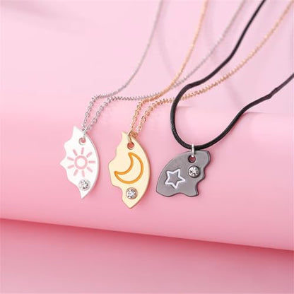3pcs Friendship Moon Sun Star Puzzle Matching Necklace Set Gold Silver Plated Cute Crescent Round Circle Geometric Best Friend BFF Pendant Necklace for 3 Women Sisters Daughter Birthday Jewelry Gifts - color: Mixed color