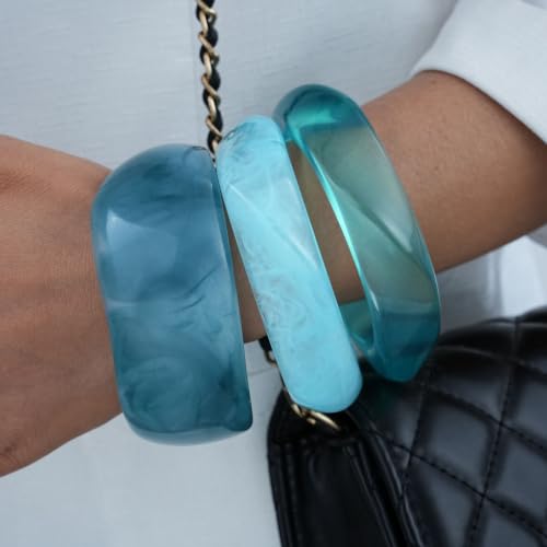FAXHION Chunky Resin Acrylic Bangle Bracelets for Women, Colorful Wide Geometric Bangles Set, Statement Stackable Bracelet Jewelry Gift - color: Deep Blue