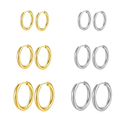 4 Pairs Small Gold Silver Huggie Hoop Earrings for Women Surgical Steel Set | 14K Gold Plated 316L Stainless Steel, 6/8/10/12 mm, Hypoallergenic, Lightweight, Mini Jewelry - color: Silver+Gold/6 Pairs