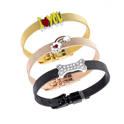 Stainless Steel Mesh Bracelet Wristband 8mm Wide Cuff Bangle Watch Band Style with Adjustable Buckle Mesh Link Chain for Slide Charms Jewelry Making 2 PCS - color: Black