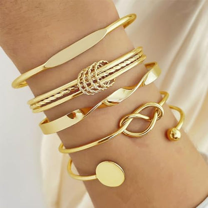 IFKM Gold Bangle Bracelets For Women, 14k Gold Plated Multi Layer Stackable Cuff Bracelet Set, Trendy Elegance Charms Non Tarnish Minimalist Textured Boho Jewelry Gift for Women - style: Multilayer opening