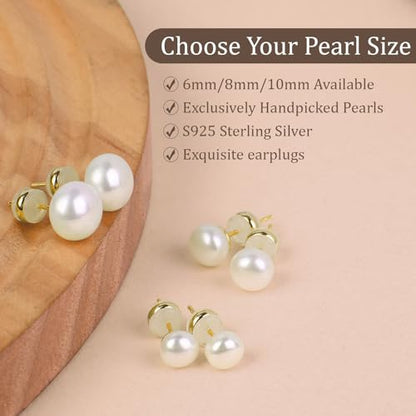 Freshwater Cultured Pearl Stud Earrings, 18K Gold Plated Sterling Silver | AAAA+ Handpicked Pearl Earrings with Hypoallergenic Design, Elegant Jewelry Gift for Women’s Daily Wear - size: 10mm