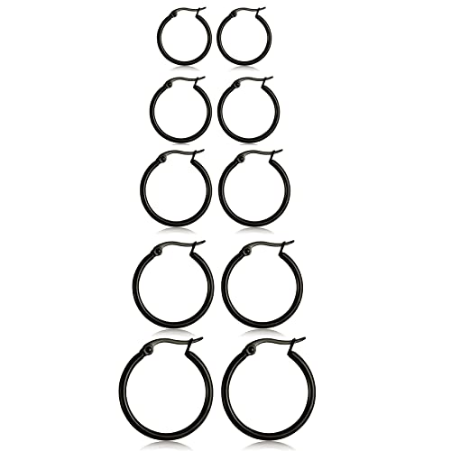 5-10 Pairs Small Gold Silver Hoop Earrings for Women, Stainless Steel Earrings Set Mens Lightweight Thin Hypoallergenic Small Hoops Set - style: 5pcs-Black 8-16mm