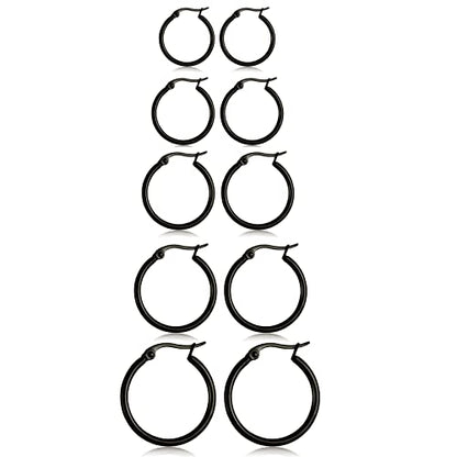 5-10 Pairs Small Gold Silver Hoop Earrings for Women, Stainless Steel Earrings Set Mens Lightweight Thin Hypoallergenic Small Hoops Set - style: 5pcs-Black 8-16mm