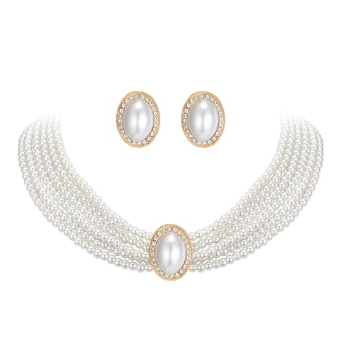 EVER FAITH 1920s Gatsby Multilayer Pearl Jewelry for Party, Rhinestone Vintage Inspired Chunky Choker Necklace Stud Earrings Set for Women Bride - style: 6 Layers_Pierced Earrings