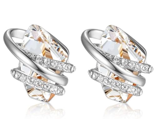 Gifts for Women, Wish Stone Stud Earrings with Birthstone Crystals, 18K Rose Gold Plated or Silver-tone - color: 204-April-Clear White-Silvertone