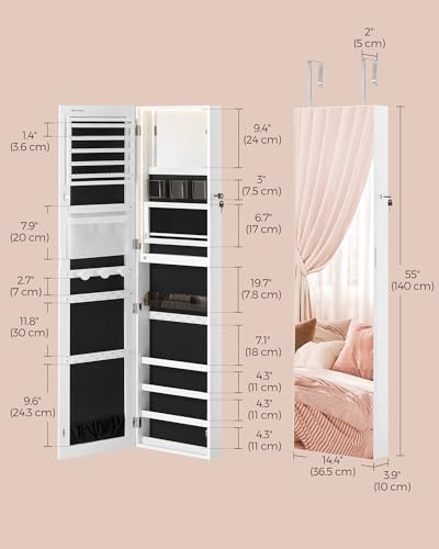 SONGMICS 55 Inches Tall Spacious Jewelry Cabinet, Jewelry Armoire with Light-Up Interior Mirror, Wall or Door Mounted Jewelry Storage Organizer, Lockable, Gift Idea, Cloud White UJJC032W01