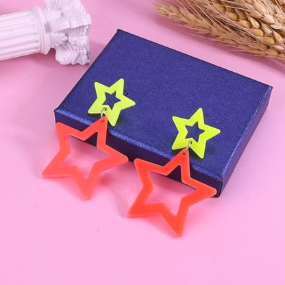 Colorful 80s 90s Neon Star Earrings for Women Retro Glow Party Costume 80s 90s Acrylic Dangle Earrings Outfit - style: Symmetrical Yellow and Orange