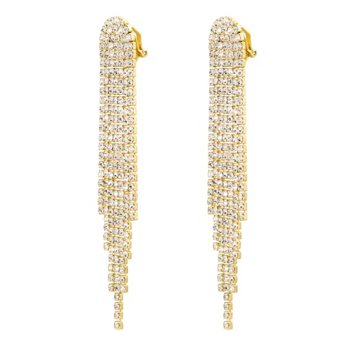 SELOVO Rhinestone Crystal Tassel Long Sparkle Dangle Earrings 2.8"/3.3" Wedding Party Dangling Earrings (3.3inch-Clip on-Gold Tone Clear)