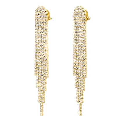SELOVO Rhinestone Crystal Tassel Long Sparkle Dangle Earrings 2.8"/3.3" Wedding Party Dangling Earrings (3.3inch-Clip on-Gold Tone Clear)