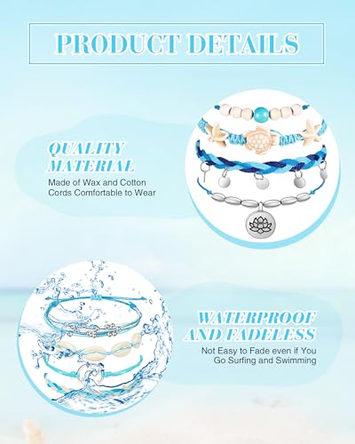 Hicarer 21 PC Surfer Wave Friendship Bracelet Set Waterproof Adjustable Boho Beach String Anklets Bulk, Summer Gift for Women - style: Blue Series