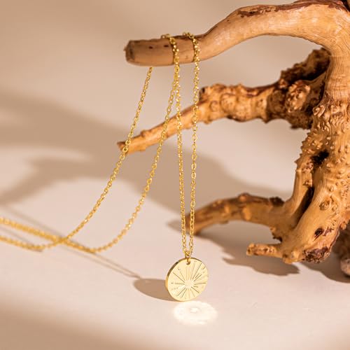 Dainty Gold Necklace: 14k Gold Plated Dianty Boots Bow Sun Moon Horse Evil Eye Conch Seahorse Necklace for Women 16.5"+2" - color: Sunshine Coin