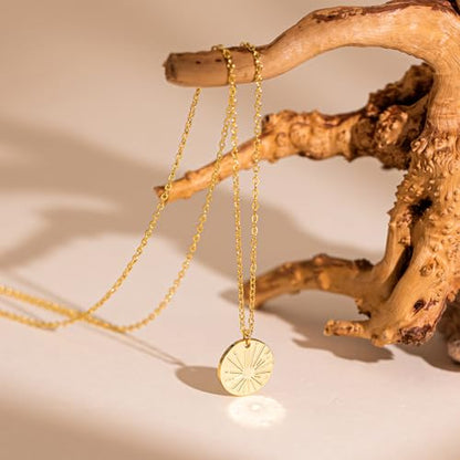 Dainty Gold Necklace: 14k Gold Plated Dianty Boots Bow Sun Moon Horse Evil Eye Conch Seahorse Necklace for Women 16.5"+2" - color: Sunshine Coin