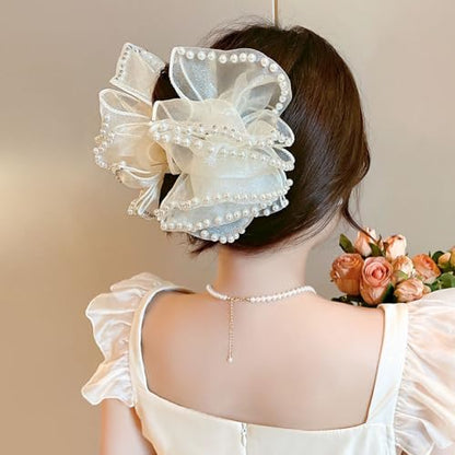 Elegant Pearl-Trimmed Hair Claw Clips, Black and White Chiffon Silk Bows, Large Nonslip French Barrette Hair Accessories for Women, 2 Pack