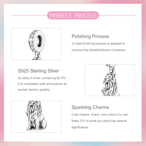 S925 Sterling Silver Cute Bead Charm for Pandora Bracelets and Necklaces | Lucky Clover Cute Animal Pink Bow Cherry Butterfly Pendant Bead Charms Jewelry Making Gifts for Women Valentines Mother's Day - style: Lion Dangle Charm