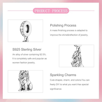 S925 Sterling Silver Cute Bead Charm for Pandora Bracelets and Necklaces | Lucky Clover Cute Animal Pink Bow Cherry Butterfly Pendant Bead Charms Jewelry Making Gifts for Women Valentines Mother's Day - style: Lion Dangle Charm