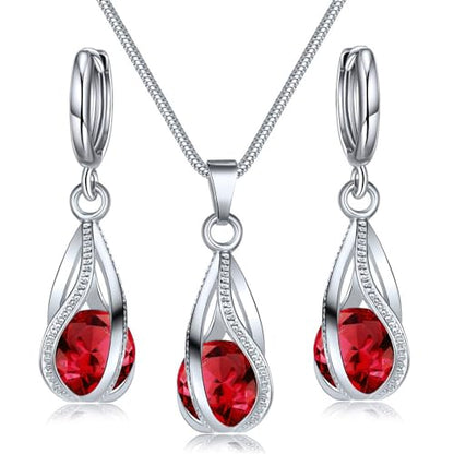IFKM Silver Jewelry Sets for Women Rhinestone Crystal CZ Bridal Bridesmaid Accessories Necklace Earrings set for Wedding Prom Anniversary Birthday Gifts - color: Red