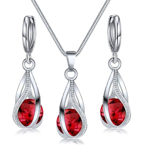 IFKM Silver Jewelry Sets for Women Rhinestone Crystal CZ Bridal Bridesmaid Accessories Necklace Earrings set for Wedding Prom Anniversary Birthday Gifts - color: Red