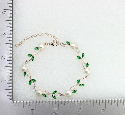 Faship Genuine Freshwater Pearls Floral Necklace Earrings Set | Premium CZ Crystal, Gorgeous, Sparkling - color: Green / Rose gold plated / Matching Bracelet