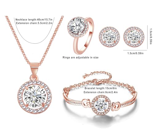 Women 4Pieces Cubic Zirconia Jewellery Set Rhinestone Necklace Earrings Bracelet Ring - color: Rose Gold
