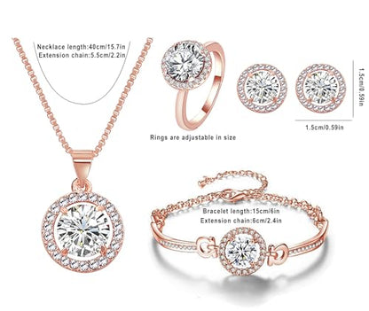 Women 4Pieces Cubic Zirconia Jewellery Set Rhinestone Necklace Earrings Bracelet Ring - color: Rose Gold