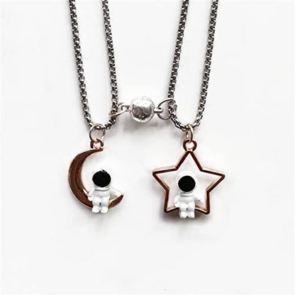 Caiyao 2Pcs Stainless Steel Mutual Attraction Couples Matching Spaceman Pendant Necklace Astronaut Promise Necklace for Women Men Friends Him Her Friendship Astronomy Jewelry Gift - color: E moon star round