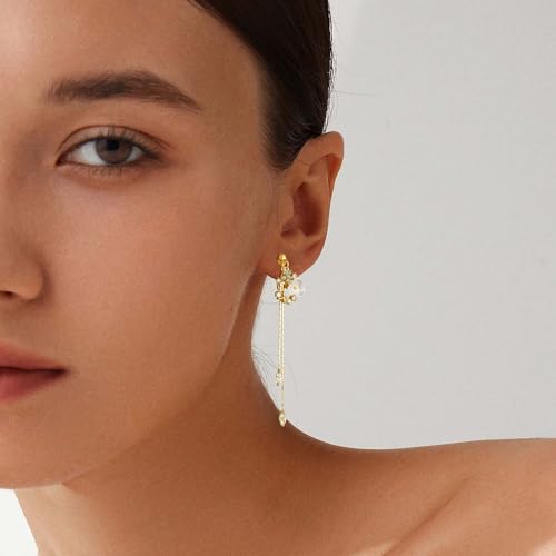 Awinesn Clip on Earrings Dangle Pearl Drop Clip Earrings for Women Trendy Dangle Chain Dainty Flower Wedding Earrings for Brides 14K Gold Plated Statement Non Pierced Earrings for Women Sparkly Jewelry - style: fugu-lanflower-g