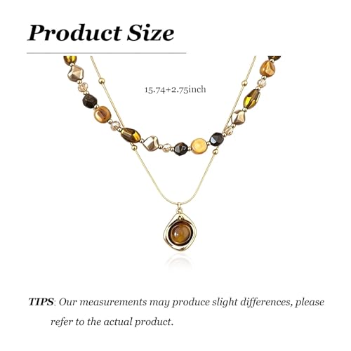Tiger Eye Layered Necklace for Women Brown Beaded Gold Pendant Boho Western Double Layer Necklace Chain Vintage Aesthetic Jewelry Gift
