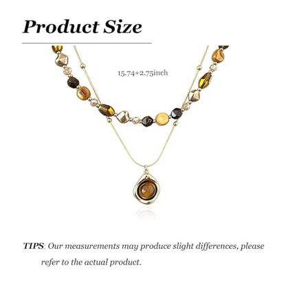 Tiger Eye Layered Necklace for Women Brown Beaded Gold Pendant Boho Western Double Layer Necklace Chain Vintage Aesthetic Jewelry Gift