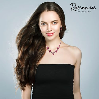 Rosemarie Collections Women's Stunning Rhinestone Crystal Teardrop Statement Necklace Hypoallergenic Drop Earrings Set, 15"+6" Extender - color: Rose Pink Silver Tone
