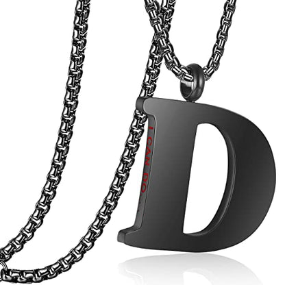 Initial 26 Letter A to Z Pendant Necklace for Teen Women Men 24" Chain | Large Alphabet Letter Personalized Charm Pendant,Engraving Red 'I CAN DO ...' on Back - style: D