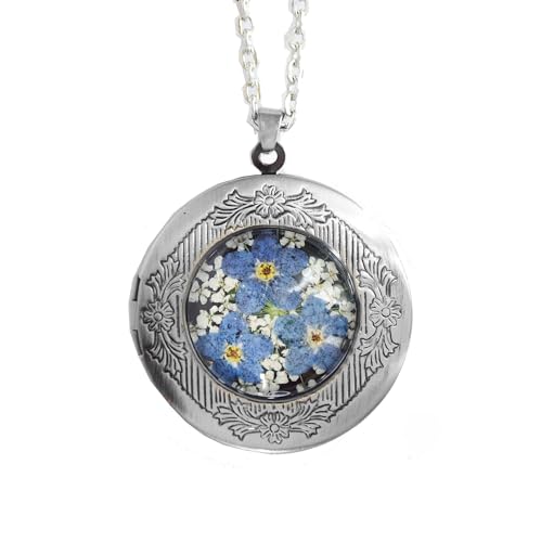 Handmade Oval Shaped Photo Locket with dried Pressed Flowers Locket pendant Necklace - style: Blue ForgetMeNot-Silver