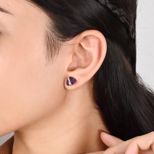 Gempires Wire Wrapped Raw Gemstone Stud Earrings for Women, Birthstone | Handmade wire-wrapped raw gemstone stud earrings — choose from stones and birthstones, artisan raw crystals on gold. - style: Amethyst