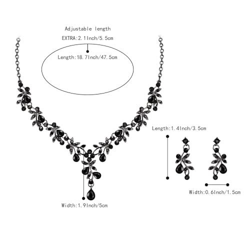 BriLove Wedding Jewelry Set for Women Bride, Y-Necklace Dangle Earrings Crystal Teardrop Leaf Flower Cluster Bridal Bridesmaid - color: 10-Black