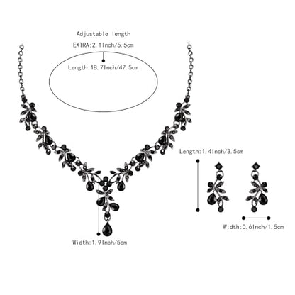 BriLove Wedding Jewelry Set for Women Bride, Y-Necklace Dangle Earrings Crystal Teardrop Leaf Flower Cluster Bridal Bridesmaid - color: 10-Black