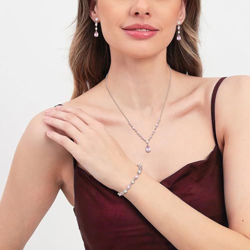 Teardrop Marquise Cubic Zirconia Wedding Prom Jewelry Set for Women Bridal | Silver/Gold/Rose Gold Plated, Pear Cut Pendant Necklace Drop Earrings Link Bracelet, for Bride Bridesmaid, for Banquet Party - style: B_Three Set, Pink Silver-Tone (Teardrop)