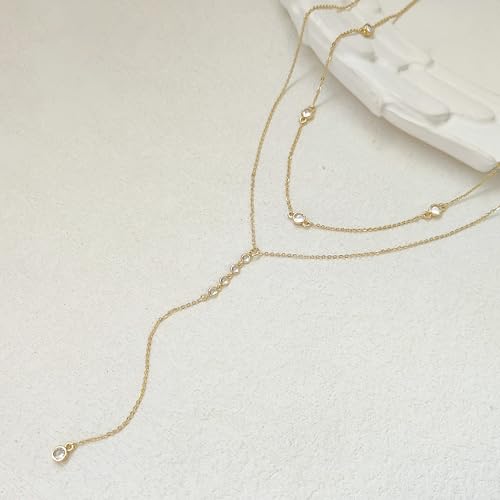 Zeffy Lariat Gold Necklace for Women, Dainty Long Necklace 14k Gold/Silver Plated Layered CZ Beaded Bar Chain Y-Shaped Body Chain Stack Drop Wedding Necklace Trendy Simple Gold Jewelry Gifts - color: Gold CZ Layered Y Necklace(2PCS)