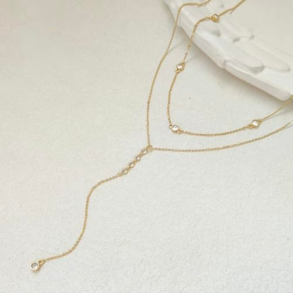 Zeffy Lariat Gold Necklace for Women, Dainty Long Necklace 14k Gold/Silver Plated Layered CZ Beaded Bar Chain Y-Shaped Body Chain Stack Drop Wedding Necklace Trendy Simple Gold Jewelry Gifts - color: Gold CZ Layered Y Necklace(2PCS)