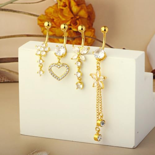 5PCS Crystal Belly Button Ring for Women Dangle Navel Belly Piercing Jewelry Cute Bow Butterfly Heart Angel wings Navel Belly Rings 14G Silver Surgical Steel Belly Button Stud - color: Gold-4pcs