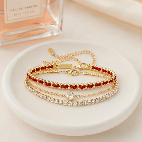 14K Gold Plated Bracelets for Women 2 Pcs Set - Red String & Cubic Zirconia Tennis Bracelet, Layered Stackable Adjustable Wristbands, Hypoallergenic Handmade Jewelry Gifts for Mom Wife Her - color: red string