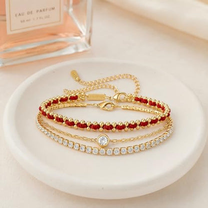 14K Gold Plated Bracelets for Women 2 Pcs Set - Red String & Cubic Zirconia Tennis Bracelet, Layered Stackable Adjustable Wristbands, Hypoallergenic Handmade Jewelry Gifts for Mom Wife Her - color: red string