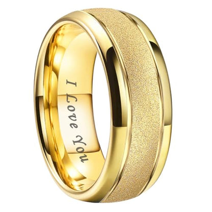 TUTISS 6mm 8mm Black/Gold/Rose Gold/White Tungsten Rings for Men Women Fashion Engagement Wedding Bands Sandblasted Finish I Love You Engraved Comfort Fit - color: 8mm Gold Tungsten I Love You