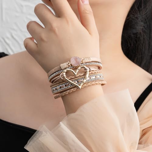 Rantanto Leather Wrap Bracelets For Women Gold Twist Lock Buckle Wrist Cuff | PU leather,Skin-friendly,Boho Stackable Wristband,Fashion Daily Jewelry,Trend Casual Party Bangle,Fit For Birthday, Holiday - color: Heart Khaki