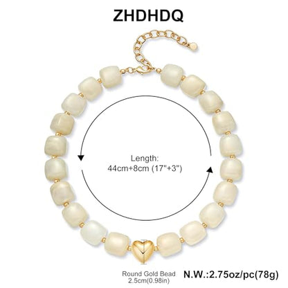 Multicolor Beaded Necklace,Chunky Cube Beaded Statement Necklace, Boho Resin Choker Necklace for Women,Lightweight & Cool, Suitable for Beach, Vacation, Daily Wear & Summer Parties - color: Beige-Heart