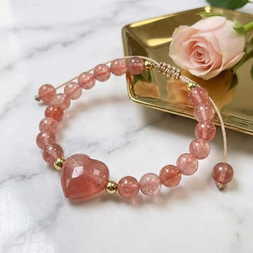 Heart Crystal Bracelet,Natural Gemstone Healing Bead Bracelet | Handmade Jewelry Gifts for Women Men,Graduation Gift for Her - color: Strawberry Red Bracelet