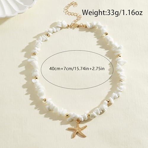 Gold Starfish Necklace Natural Stone Beaded Necklaces for Women Boho Handmade Irregular Stone Bead Necklace Summer Beach Ocean Jewelry Gift - color: White